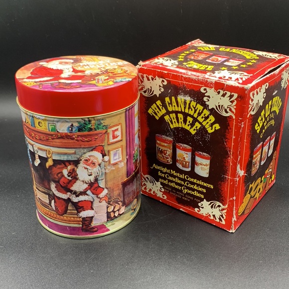 Vintage Two 80s Santa Airtight Round Metal Cookie Candy Food Containers - Picture 8 of 14